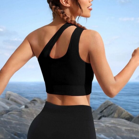 One Shoulder Cut Out Crop Sports Bra athleisure active Black - Picture 4 of 5